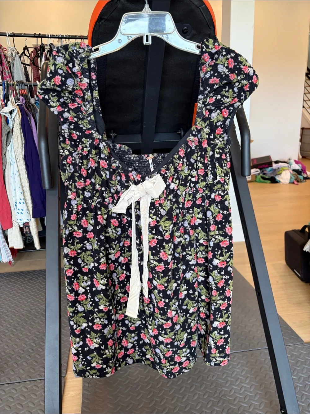 Free People Black Floral Peasant Blouse with Cream Tie